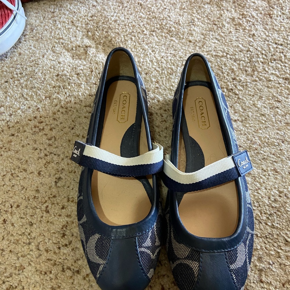 Coach Navy and White Mary Jane Flats